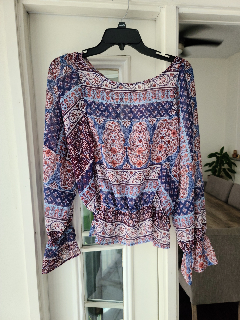 Paisley Peplum Blouse — Blue & Rust Long-Sleeve Women's Top